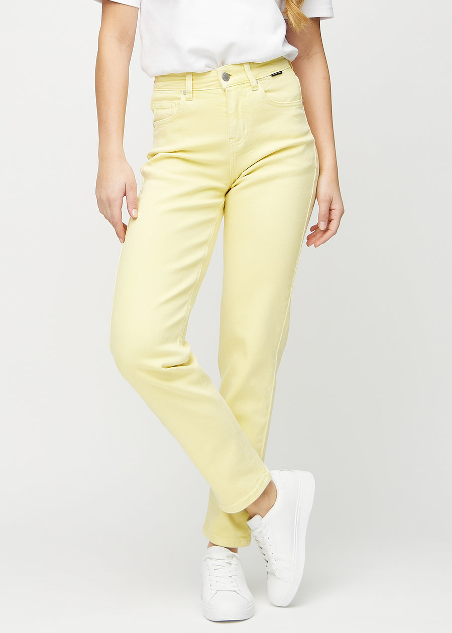 Lysegule regular jeans, modelnavn Lemonades, som går lige ned langs benet, set forfra.
