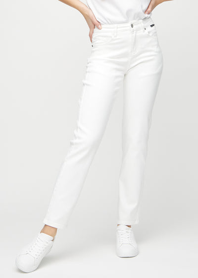 Weiße regular jeans, Modellname Marguerites, die gerade am Bein herunterfallen, von vorne gesehen.