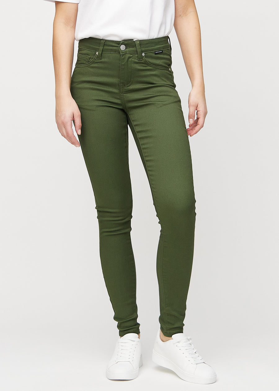 Dunkelgrüne skinny jeans, Modellname Renewals, die eng am Bein anliegen, von vorne gesehen.