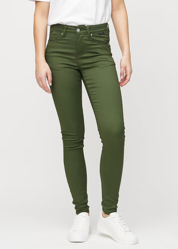 Dunkelgrüne skinny jeans, Modellname Renewals, die eng am Bein anliegen, von vorne gesehen.